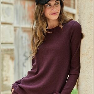 LOFT Women's Long Waffle Knit Sleeve Burgundy Sweater Top